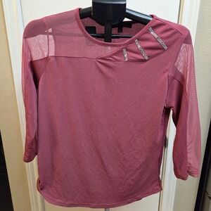 New Look Women's Burgundy Mesh Sleeve Embellished Top Size M